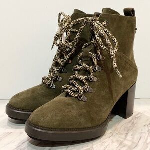 Aquatalia Ihana Water Resistant Lace Up Green Suede Heeled Boot 7M